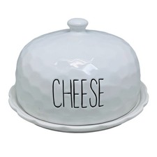 Cheese Dome w/ Lid White Dimples Ceramic Cheese Tray Plate Storage Display 21cm