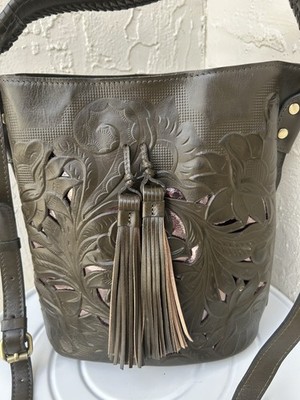Patricia Nash Otavia cut-out tooling leather bucket bag Dark Brown