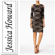 Jessica Howard Womens Cold Shoulder Lace Sheath Dress Size 12 Black/Tan NWOT