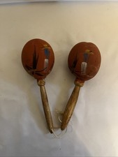 Vintage Hand painted Gourd Maracas Shakers Wooden Orange