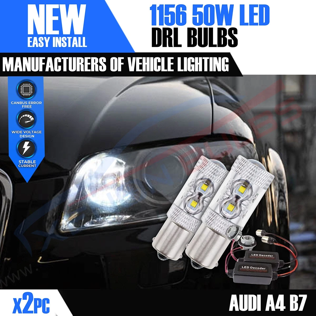 2x A4 B7 RS4 DRL LED BULBs 50w WHITE CANBUS ERROR FREE P21W 382 BA15s 1156