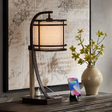 Gentry Industrial Desk Lamp 22" High Oil Rubbed Bronze Faux Wood USB and Outlet