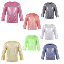 Kids Girls Shiny Metallic T-Shirt Long Sleeve Loose Tops Jazz Hip Hop Dancewear