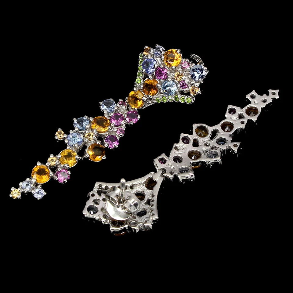 Summer 925 Silver Earrings Round Sapphire Citrine Rhodolite Gemstone Jewelry - Image 3 of 4