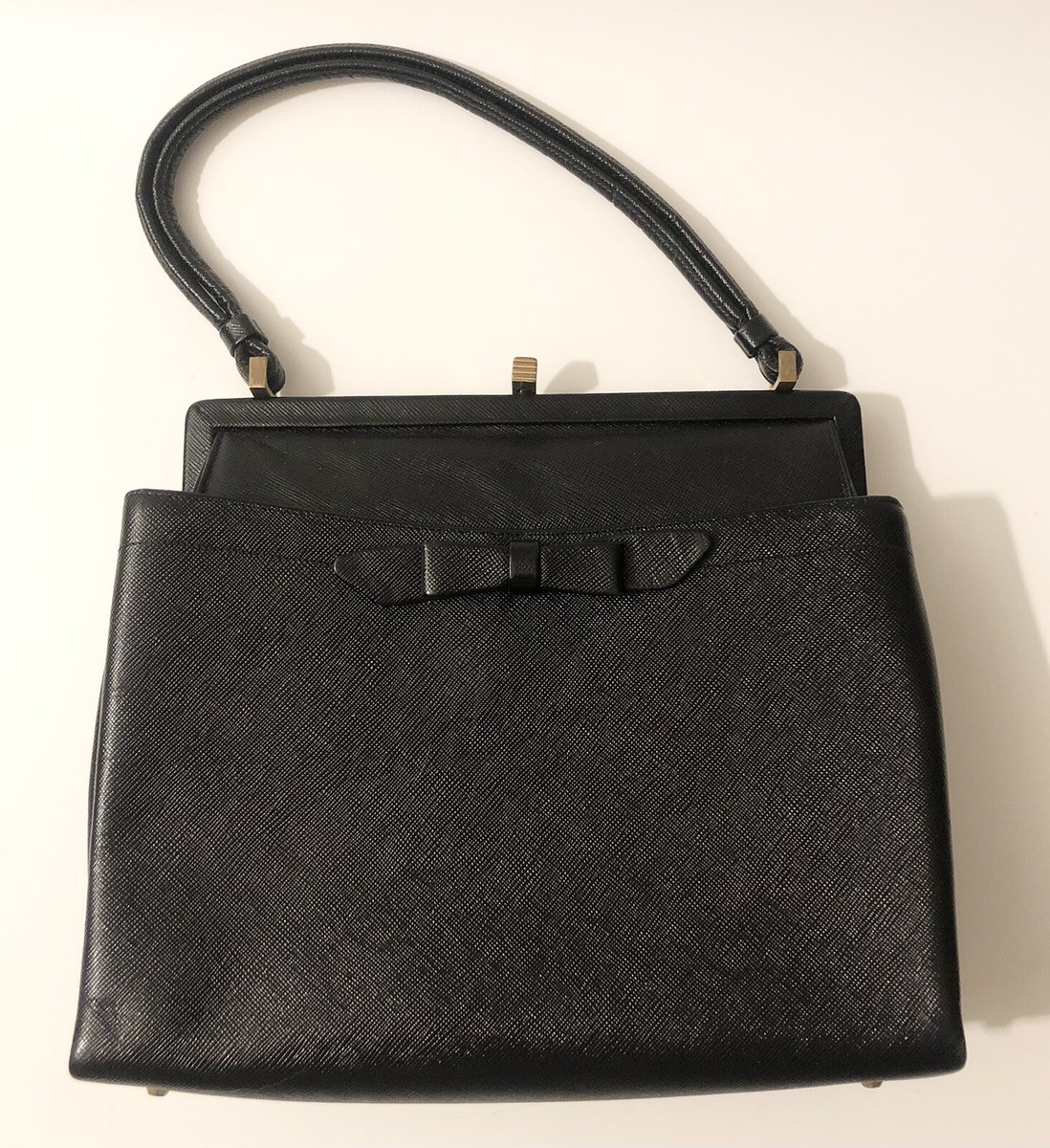 Koret Handbag Evening Bag Small Black Leather Bow Coin Purse 50s