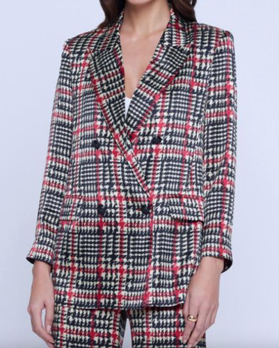 NEW L'Agence Taryn Red Silk Houndstooth Check Print Blazer Sz 2 NWT $750 - Picture 3 of 15