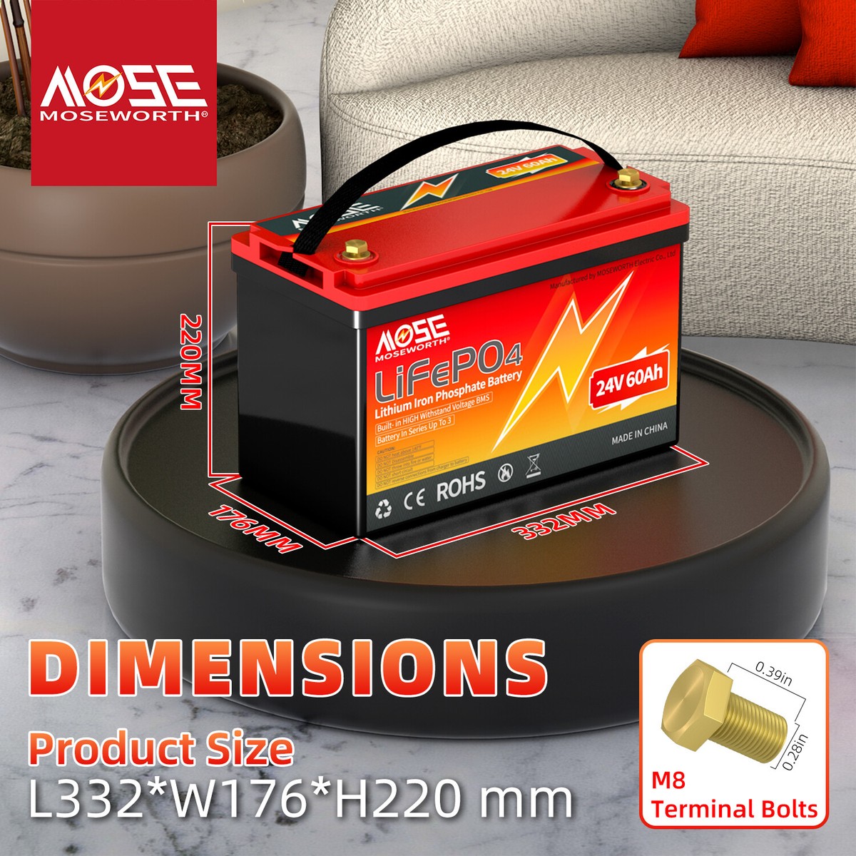 MOSEWORTH LiFePO4 24V 60Ah Lithium Battery 15000+ Deep Cycle BMS
