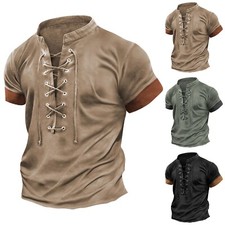 Mens Henley Shirts Short Sleeve Lace Up V-Neck Solid Retro T Shirts Summer