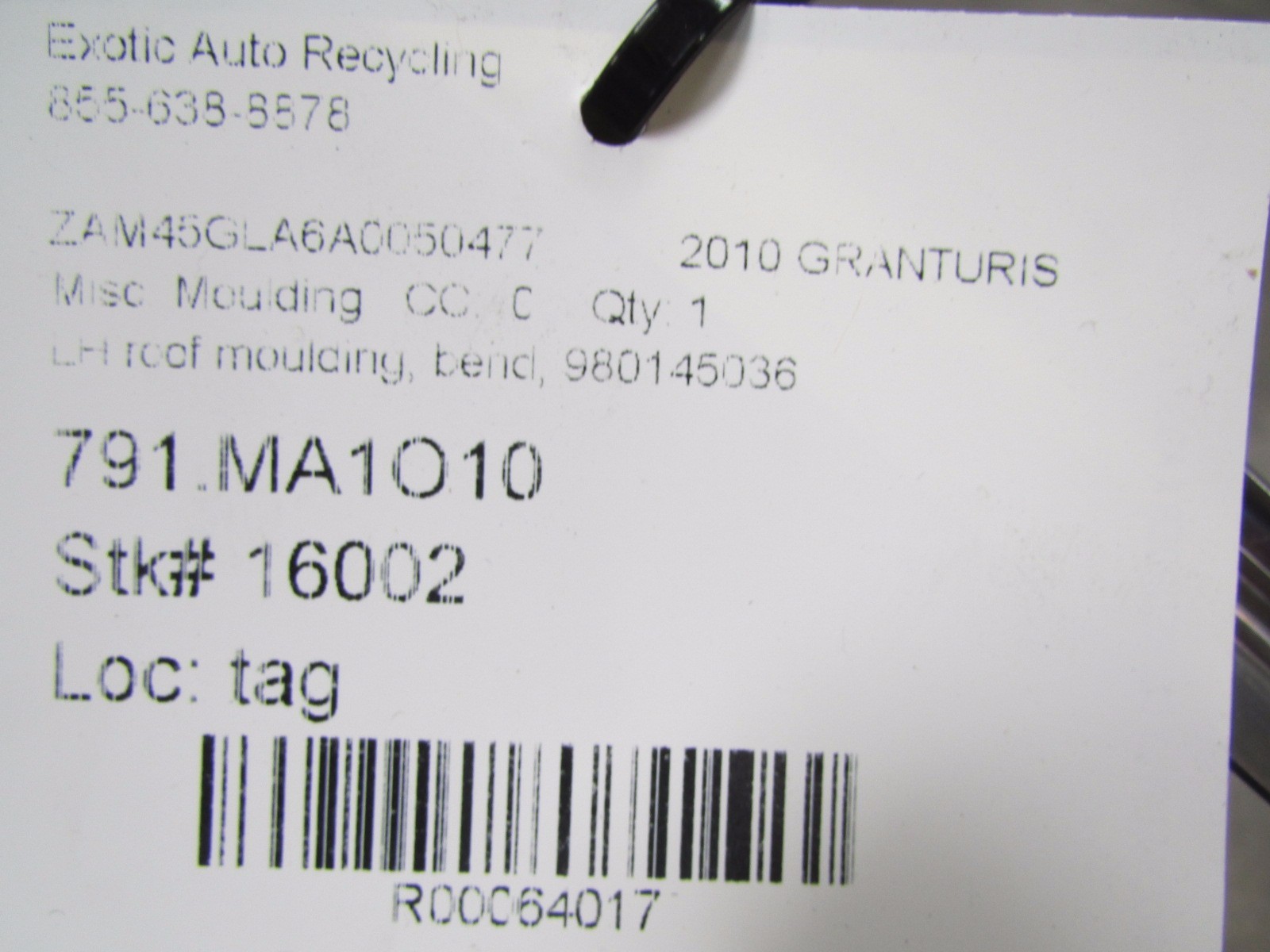 Maserati Granturismo, LH, Left Side Roof Moulding, Used, P/N 980145036