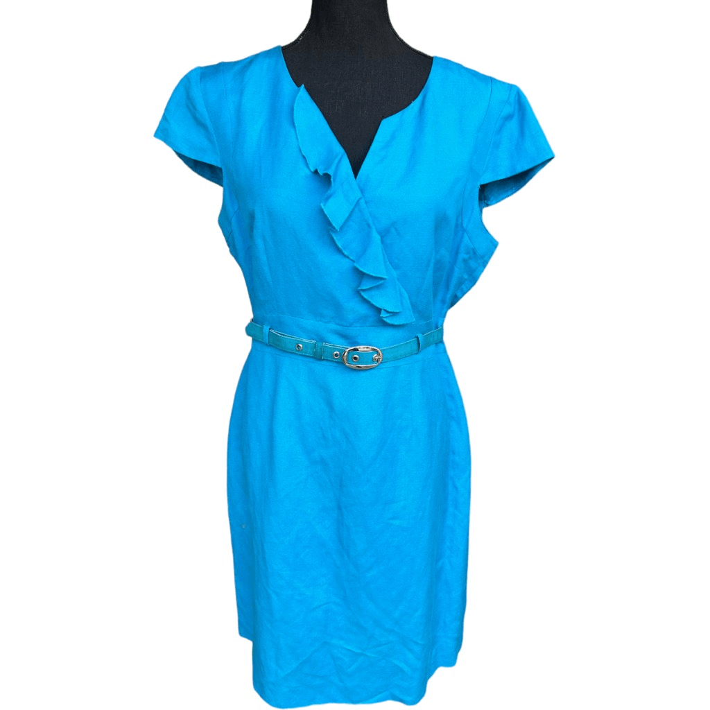 Tahari Women's Blue Cap Sleeve Linen Blend Ruffle Belted Sheath Dress  Petite 12