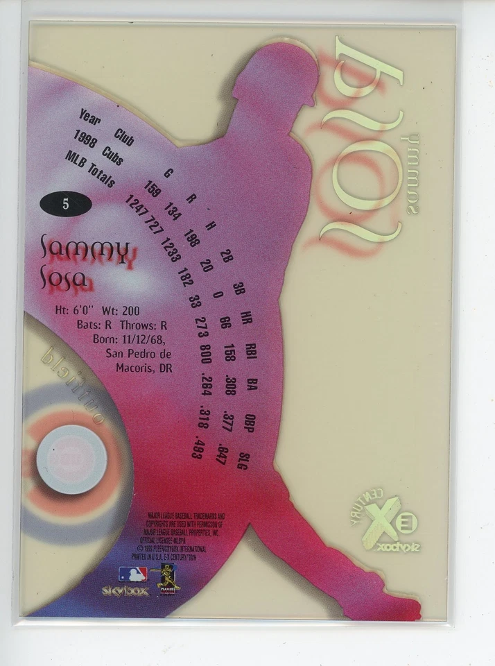 1999 E-X Century #5 Sammy Sosa Cubs - Image 2 of 2