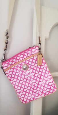 バッグ COACH Op Art Canvas Tote Bag Pink Trim COACH Leah Op Art Pink leather coated canvas SwingPack Handbag