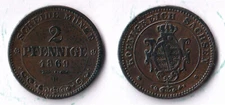 Coin, Saxony 2 Pfennig 1869 Kingdom (1806 - 1873) Copper KM# 1217
