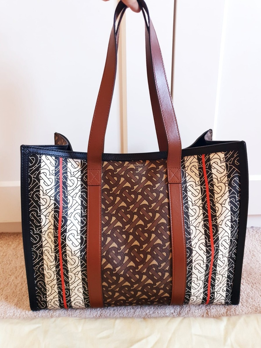 Burberry Women's TB Monogram Olive Brown Canvas Leather Monogram Book Tote  Bag