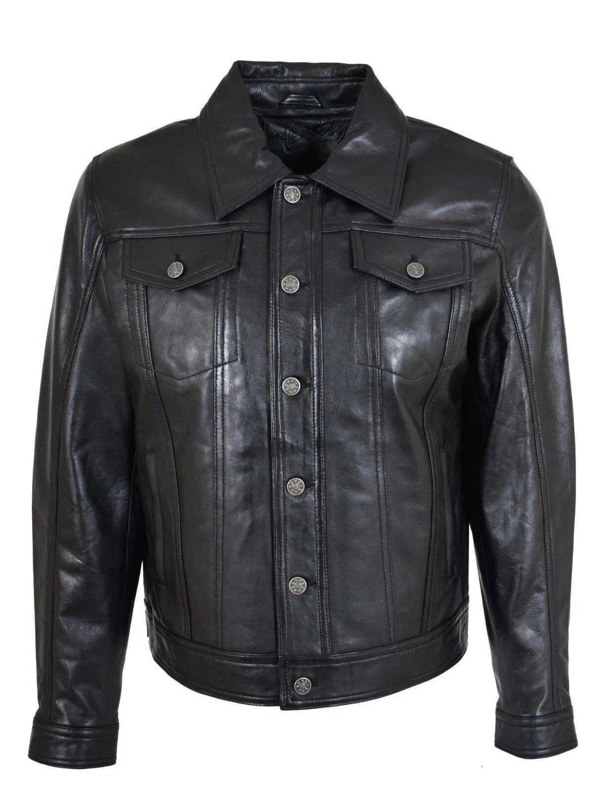 Men's Real Leather Trucker Jacket American Western Denim Style Button Black Coat