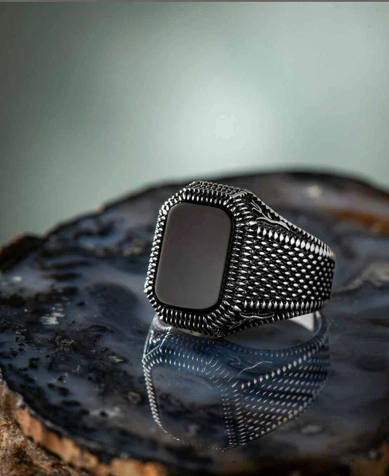 Турецкое модное мужское винтажное кольцо с натуральным агатом черным камнем серебро 925 пробы - Изображение 4 из 4