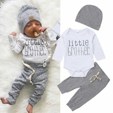 3Pcs Kids Newborn Baby Boy Romper Tops Long Pants Hat Outfits Clothes 0-24M