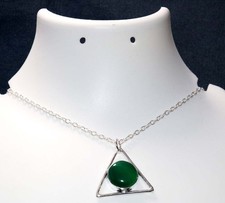 Triangle Round Green Onyx 925 Silver Plated Necklace 18