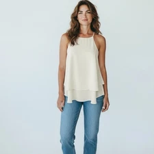 Miami Ivory Cream Chiffon Multi Layered Flowing Camo Blouse Sz S