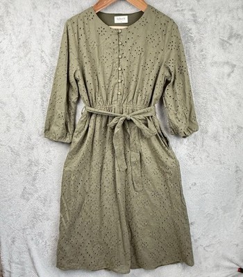 Inherit Clothing Eyelet Midi Dress Womens M Olive Green Lagenlook Peasant