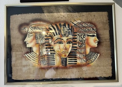 Ägyptisches Papyrus Bild mit Leuchteffekt und angefertigtem Rahmen in goldfarben