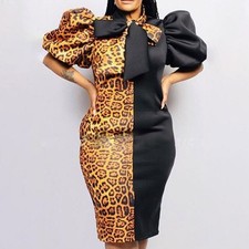 Leopard-Print Bowtie Collar  Plus Size Dress