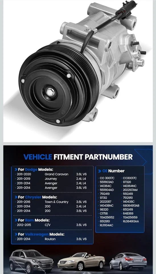 98320 Compresor de aire acondicionado con embrague compatible con Dodge Grand Caravan Avenger... Foto 2 de 4