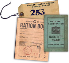 WW2 Replica Ration Book, Evacuee Tag and Identity Card by