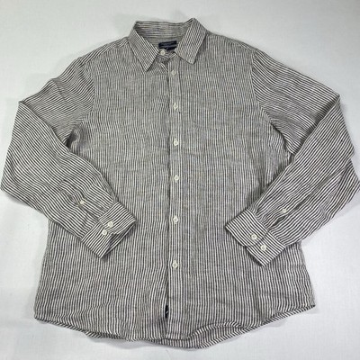 Men s White & Brown Striped 100% Linen Shirt Sz M Daniel Hechter European Flax