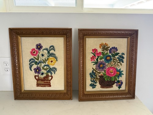 Vtg Set/2 Needlepoint Embroidery Framed Pictures 14x17 Pink Purple