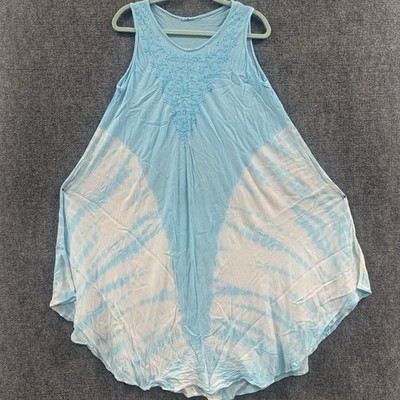 Exist Dress Tie Dye Embroidered Boho XL Sleeveless Light Blue Sheer Flowy Beach