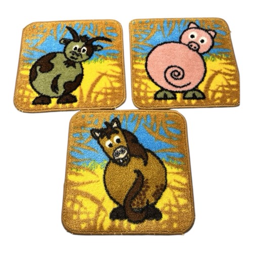 Vintage Cartoon Animal Rugs Set of 7 Fox Duck Pig Bunny Horse Cow Chick 16” - Picture 2 of 16