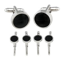 Mens Black Onyx Spring-Back Tuxedo Cufflinks Studs Formal Set with Presentati...