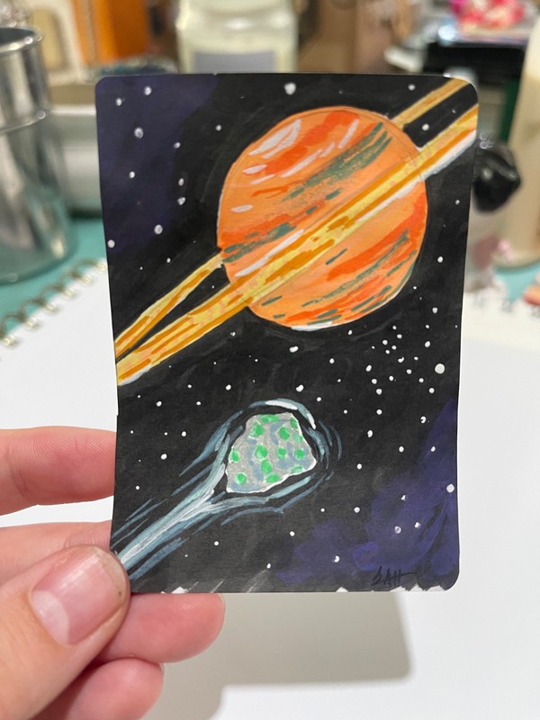 aceo original painting acrylic 2.5 x 3.5 "Asteroid" space stars planets