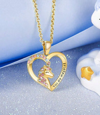 You Are Magical Unicorn Heart Pendant Necklace Gold Tone Rainbow Rhinestone 18"
