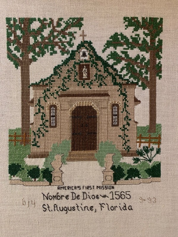 Finished Cross Stitch Sampler, "St. Augustine Mission.”"