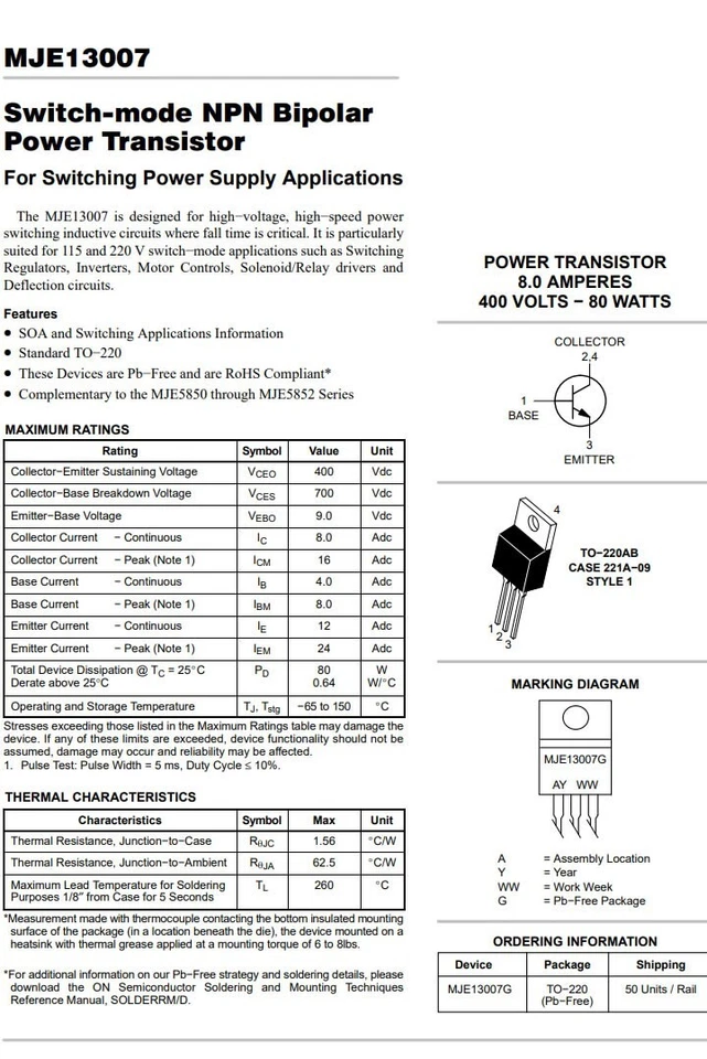 E13007 (MJE13007) Transistor NPN 700V 8A 80W (2 pieces) - Image 2 of 3