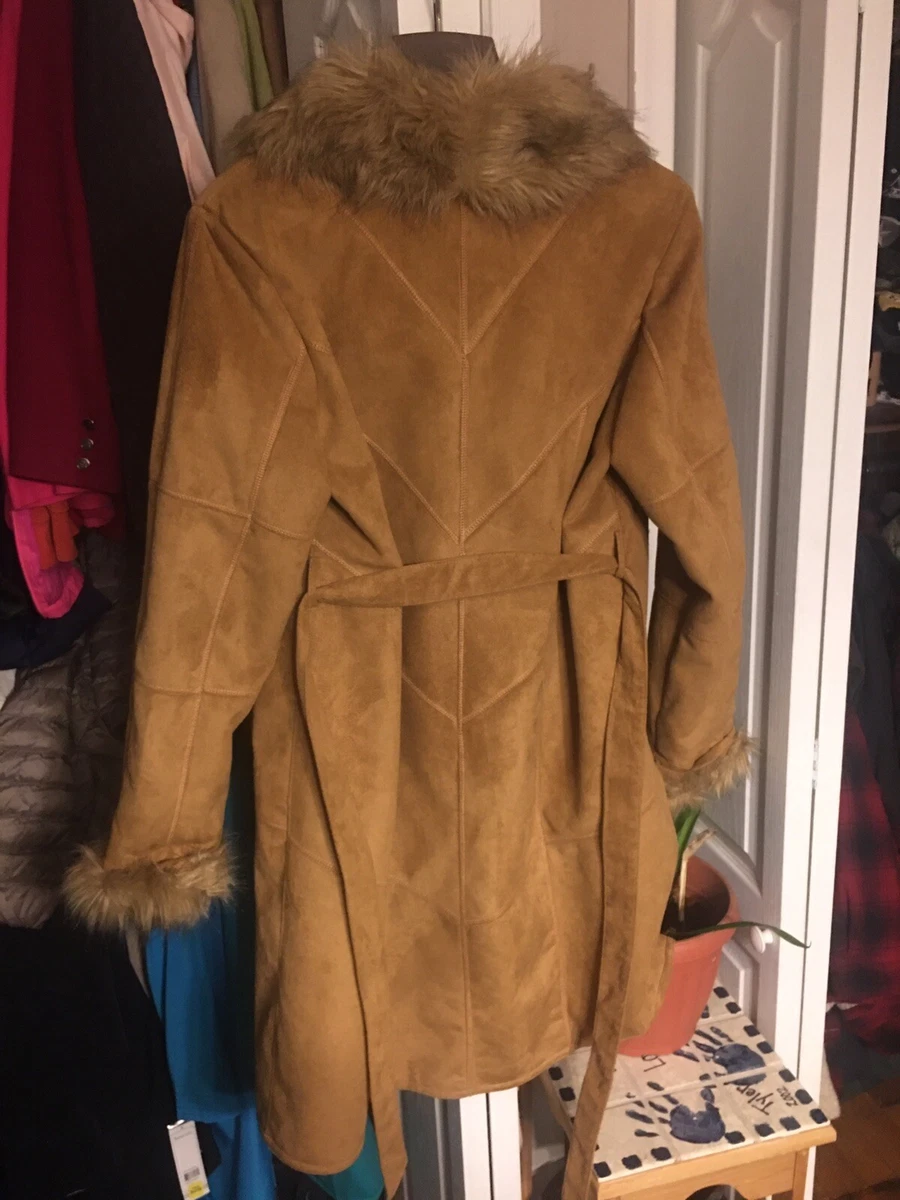Woman Dennis Basso Faux Suede w Faux Fur Collar lining Brown Size M RN 98393