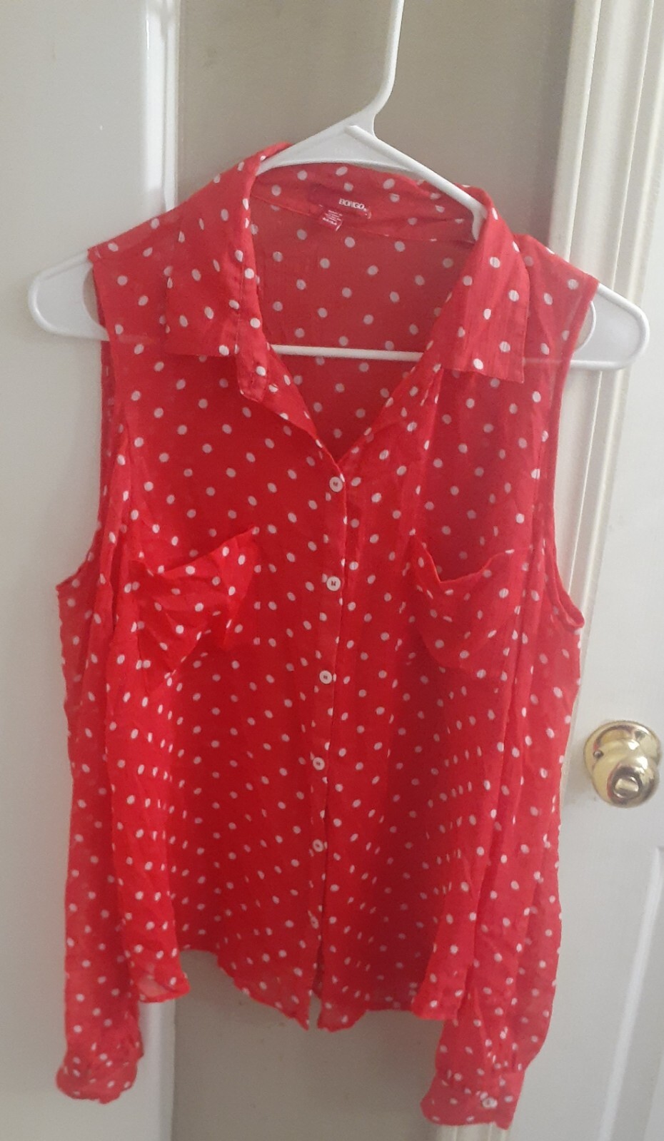 Women's Bongo Top Polka Dots Lightweight Button Up Cut Out Shoulders ...