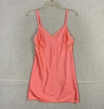 Victorias Secret Satin Chemise Nightie M Coral Pink Lace Bows Adjustable Strap