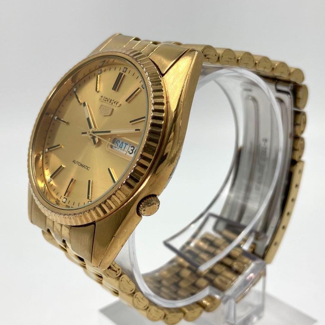 Seiko 5 7S26-0224 Automatic Gold Dial Skeleton Day-Date 36mm Watch