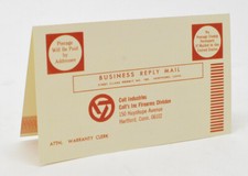Colt Industries Firearm Warranty Card. Vintage Card For Colt Handguns.