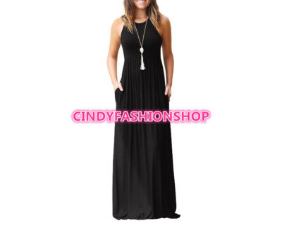 Women Sleeveless Racerback Loose Plain Maxi Casual Long Dress With Pockets  #P | eBay