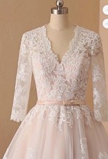 DBRBRIDAL Ivory Lace A-Line Full-Length V-Neck 3/4 Sleeve Button Back