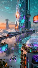 Futuristic Neon Cyberpunk Cityscape Digital Art Poster, Trains, Drones