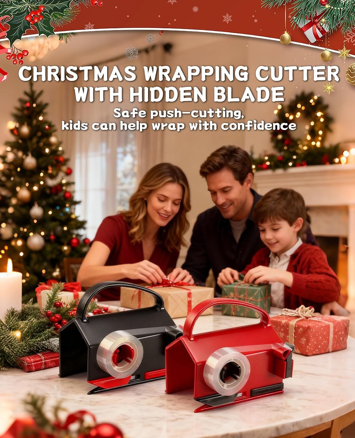 2 Pack Wrapping Paper Cutter & Tape Dispenser Dual Use, Gift Wrap Black 