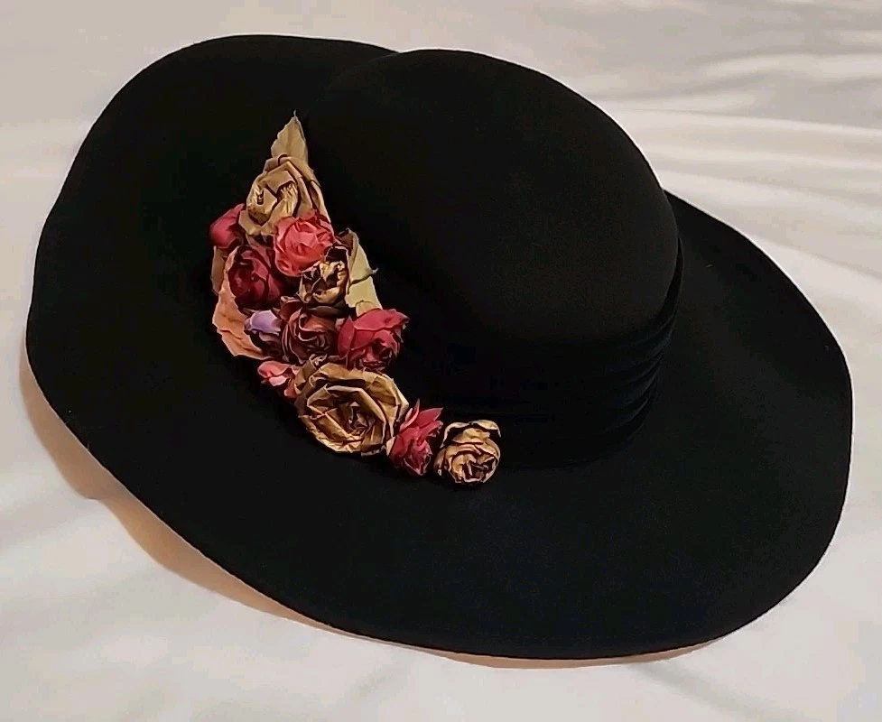 Vintage Bollman Hat Company Doeskin Felt Black Wool Hat With Ear Ties Floral Vintage Bollman Hat Company Doeskin Felt Black Wool Hat With  main image 3