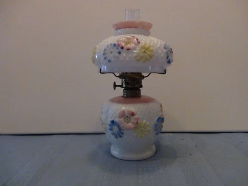 Vintage White Milk Glass Cosmos Floral Pattern Mini Oil Lamp c1890s   Ex Con
