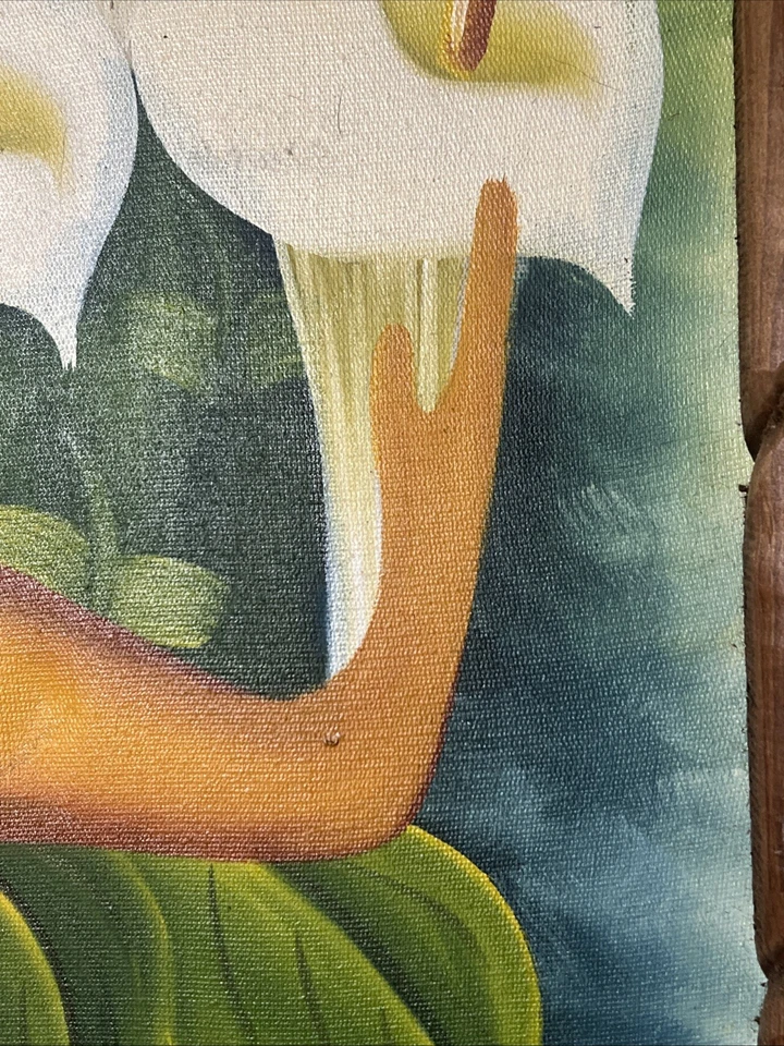 Beautiful Vintage Spanish Oil Painting of Girl w/ Cala Lilies after Diego Rivera - Image 3 of 4