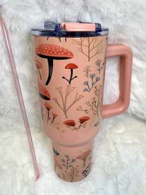 Mushroom  Boho Floral 40 OZ Insulated Tumbler wHandle, Straw, Slide Lock Lid NEW